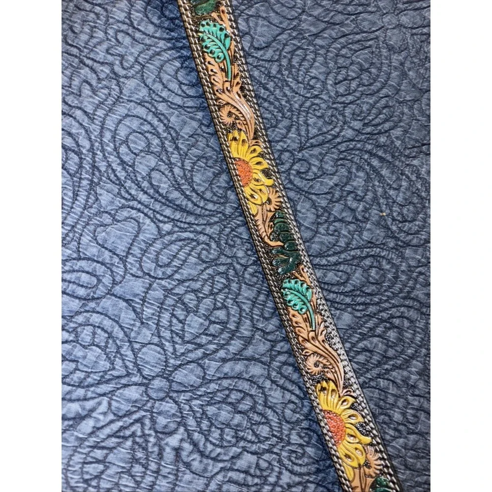 NWT American Bison Tooled Leather Belt Sz XL 42-44 Sunflower Turquoise Buckle